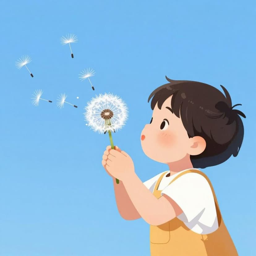 A young child pursing their lips and blowing a bright white dandelion seed head, with seeds floating in the air.