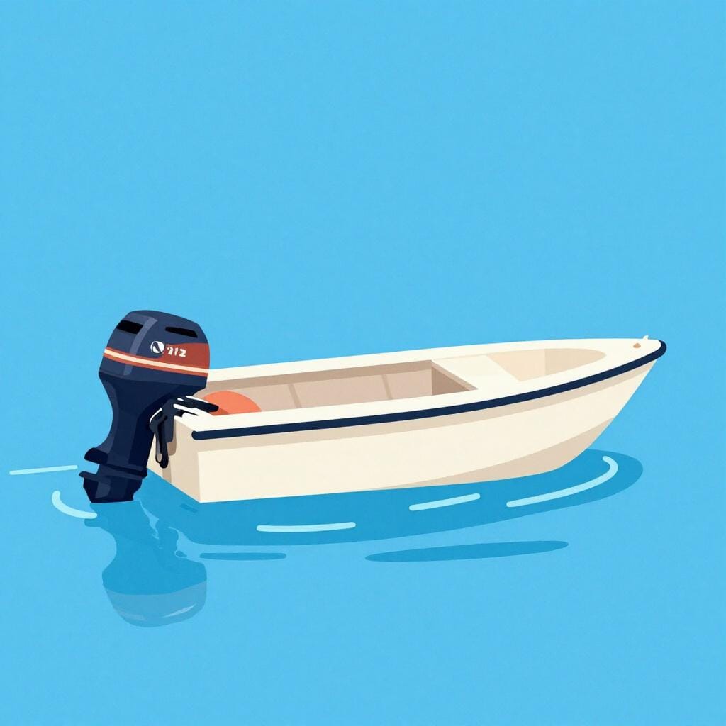 Une petite vedette colorée flottant sur une eau bleue calme avec un petit moteur à l'arrière.