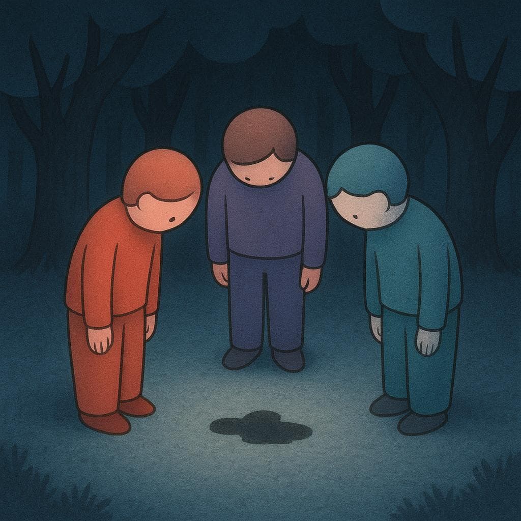 Trois silhouettes sombres simplifiées se tiennent au-dessus d'une silhouette immobile et allongée sur le sol dans une clairière faiblement éclairée et dramatique, soulignant l'achèvement d'une action de groupe fatale.