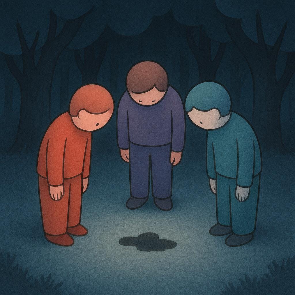 Three simplified, dark figures standing over a still, prone figure on the ground in a dimly lit, dramatic clearing, emphasizing the completion of a fatal group action.