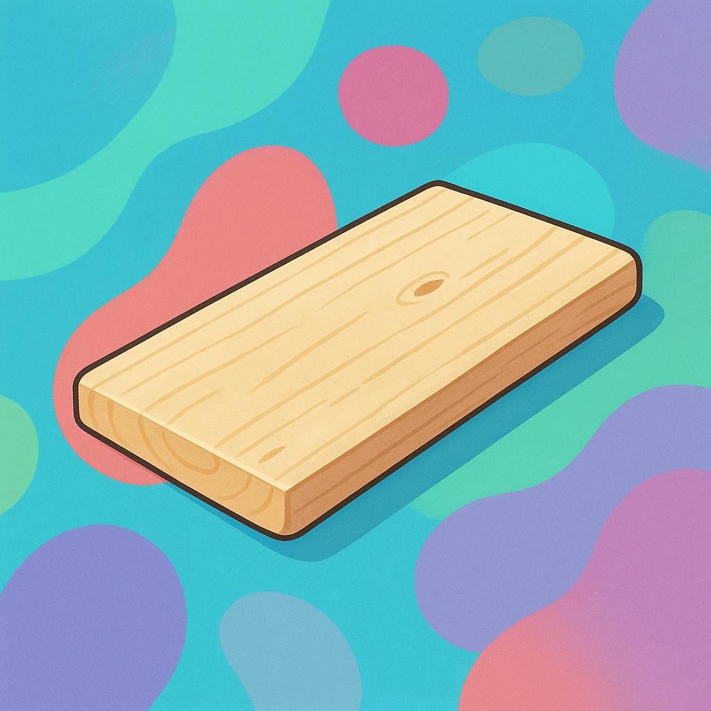 A close-up illustration of a single, flat, unfinished rectangular piece of wood, known as a board.