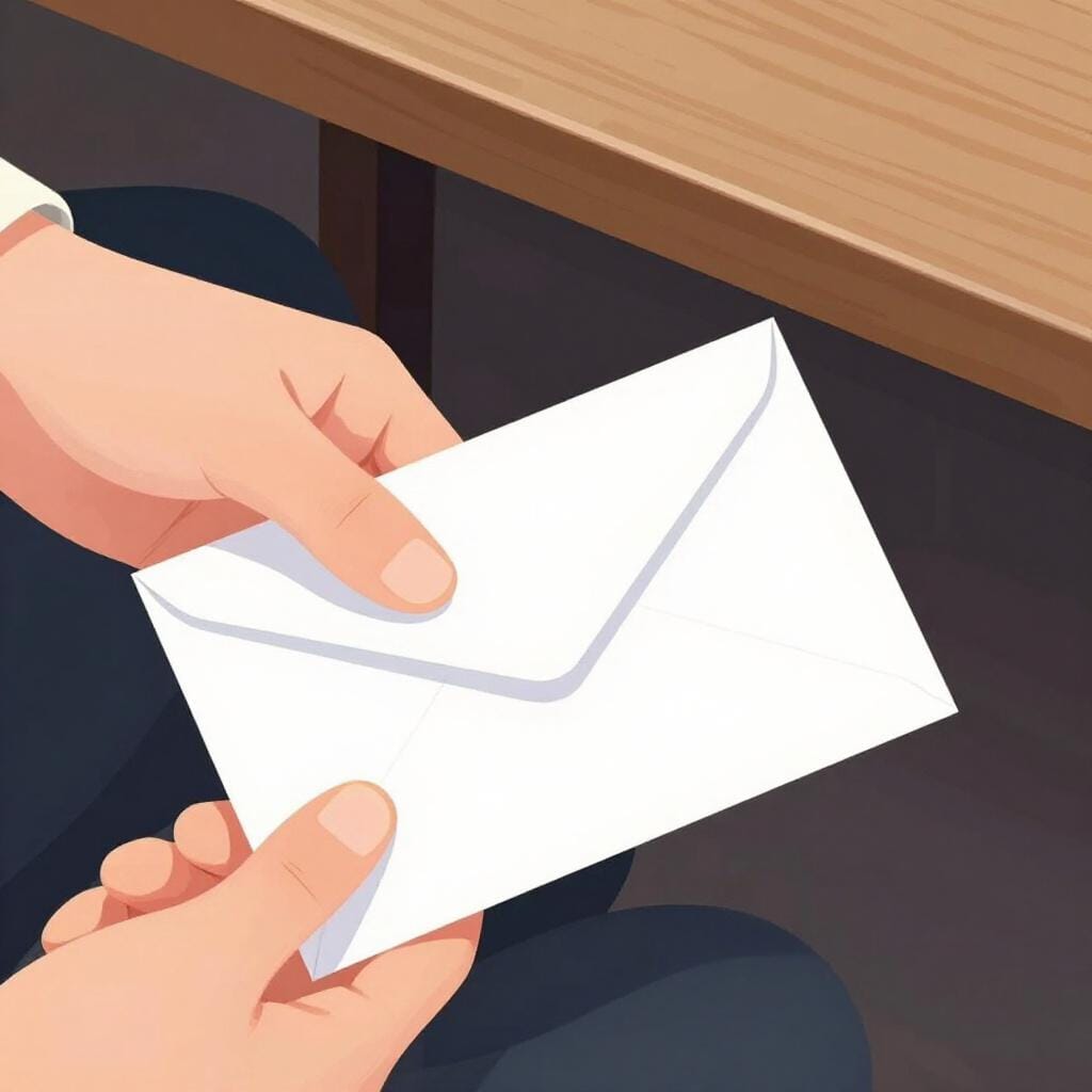 A hand secretly passing a thick envelope to another person under a wooden table.