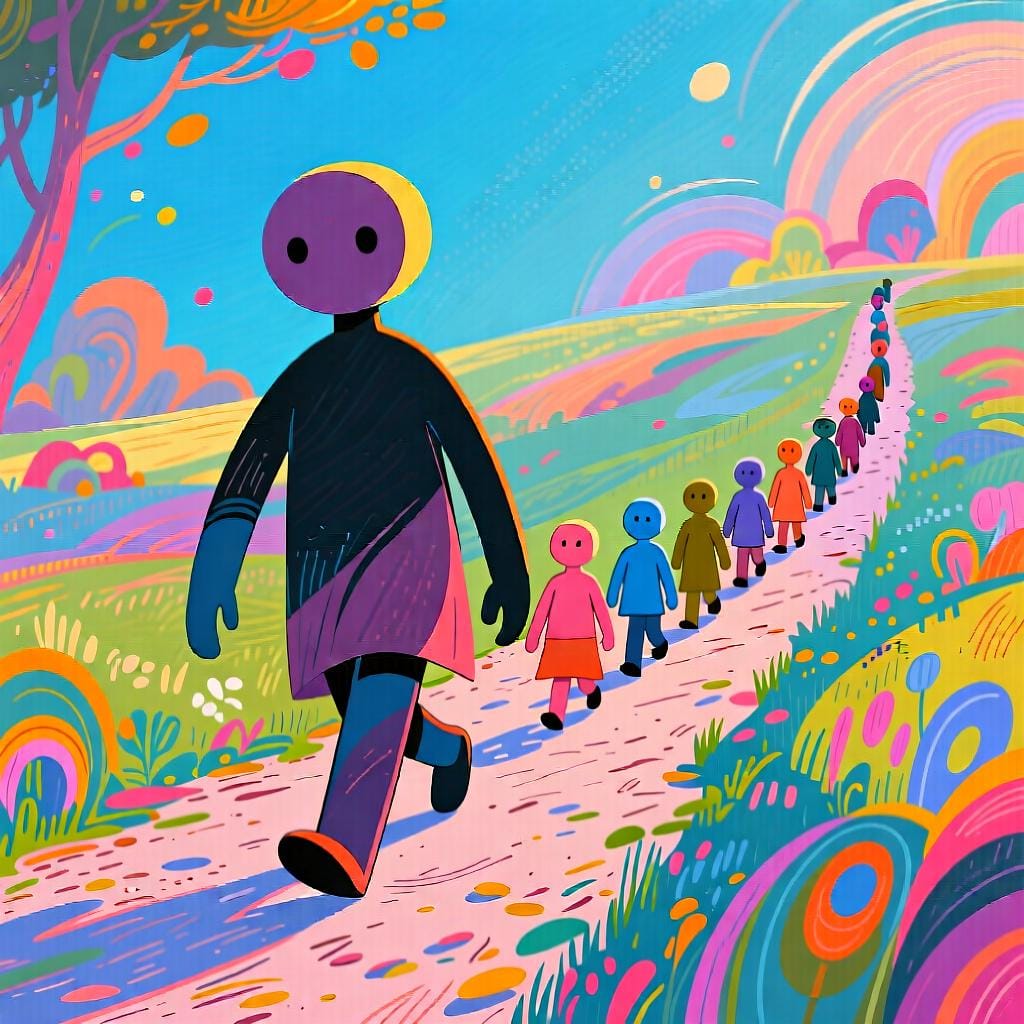 A single figure standing prominently at the front, leading a small, orderly procession of other figures.