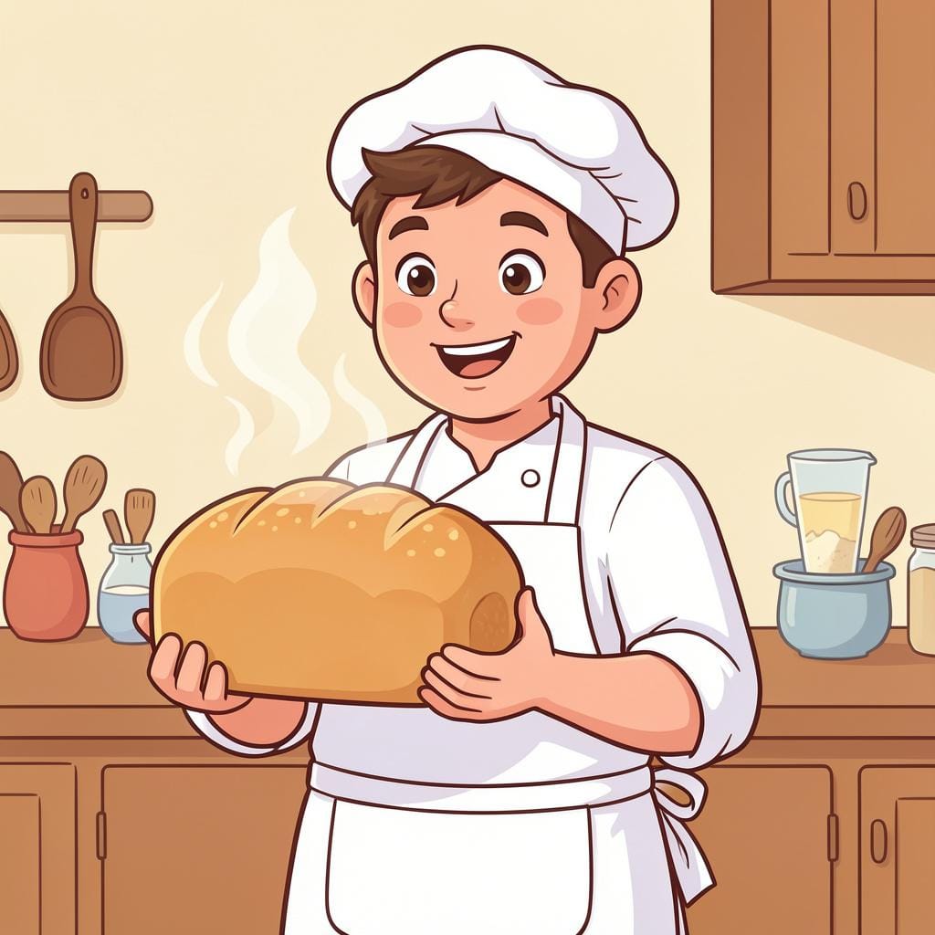 Um padeiro sorridente segurando um pão perfeitamente assado e dourado em uma cozinha.