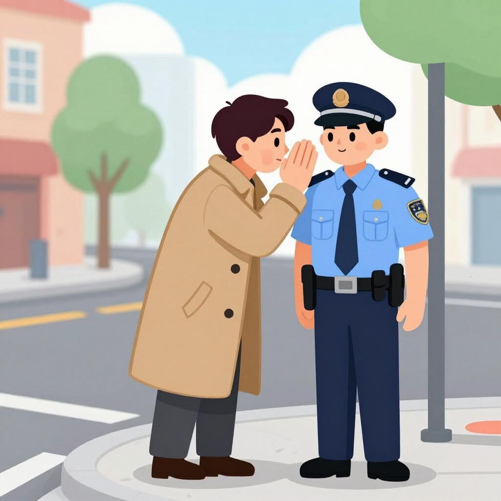 A person in a dark coat whispering into the ear of a police officer.