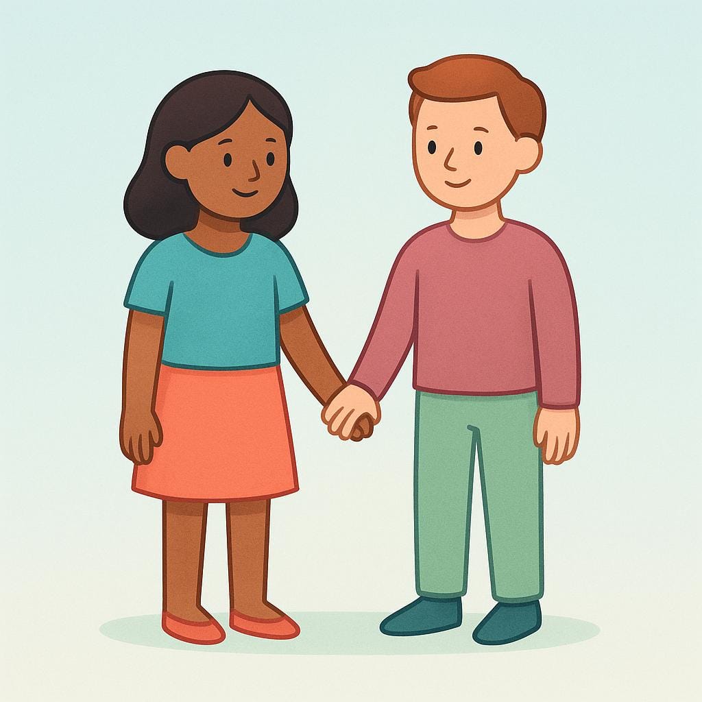 A colorful illustration showing two simplified figures standing side by side, holding hands, symbolizing a human characteristic like connection.
