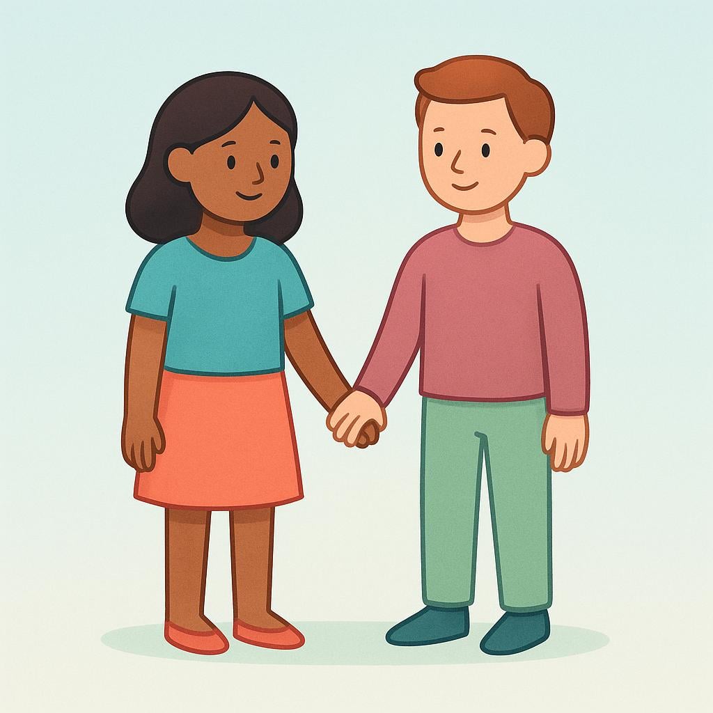 A colorful illustration showing two simplified figures standing side by side, holding hands, symbolizing a human characteristic like connection.