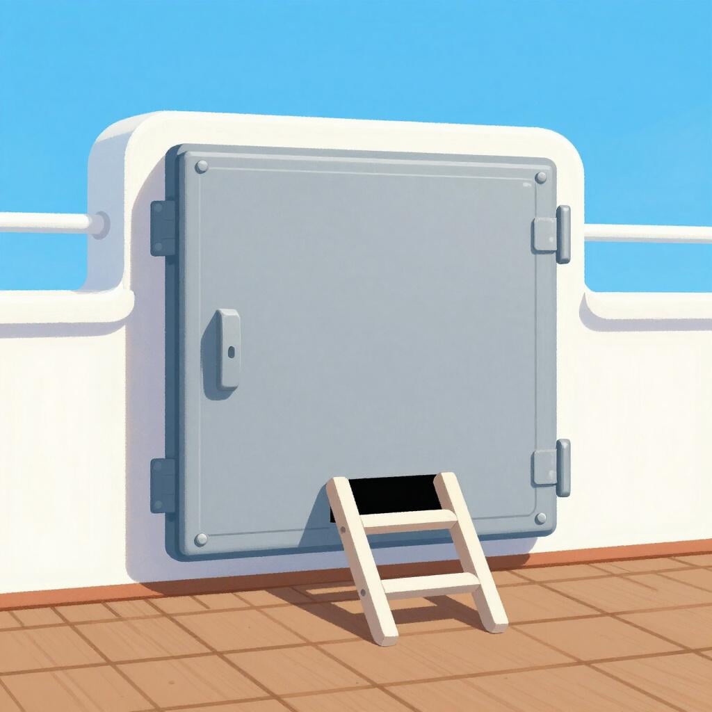 A square metal hatch on the wooden deck of a ship, slightly open with a ladder leading down.