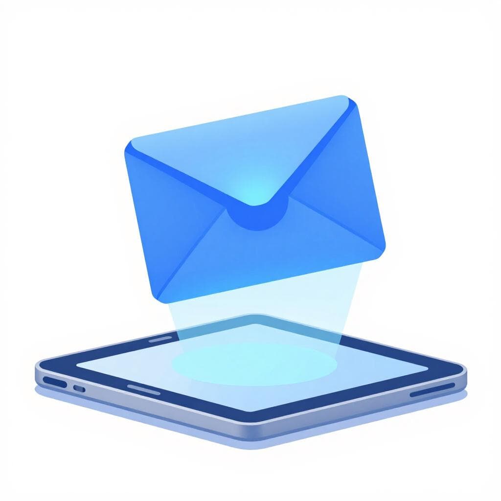 A colorful storybook illustration of a glowing digital envelope floating above a tablet screen.