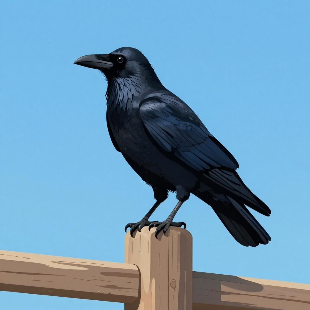 Un grand corbeau noir et luisant perché sur un poteau de clôture en bois patiné.