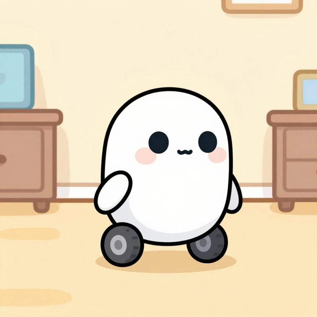 A small robot moving forward on its own across a clean floor.