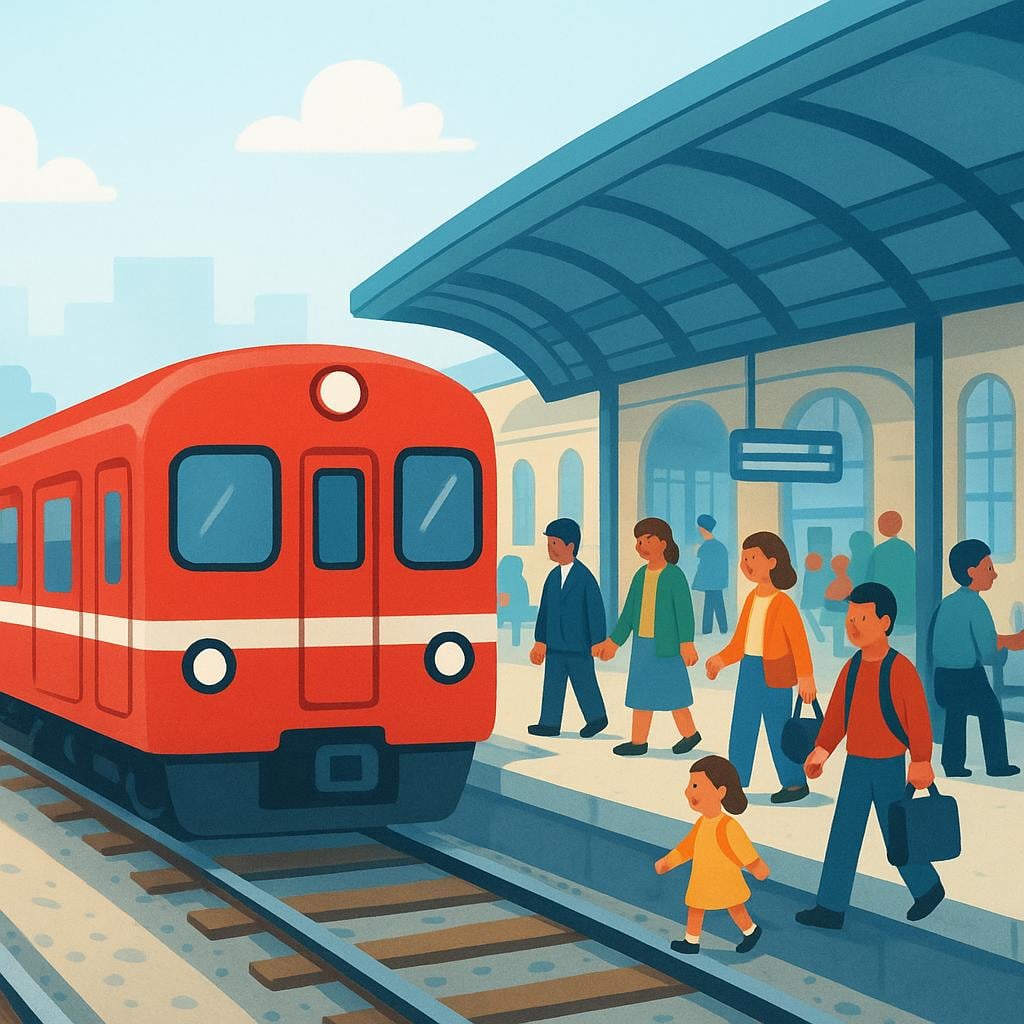 A bright red passenger train sitting stationary on the tracks just outside a large, busy station platform, indicating a delay.