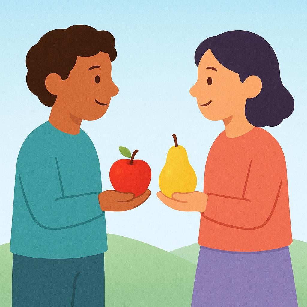 Two people standing outdoors swapping a red apple for a yellow pear.