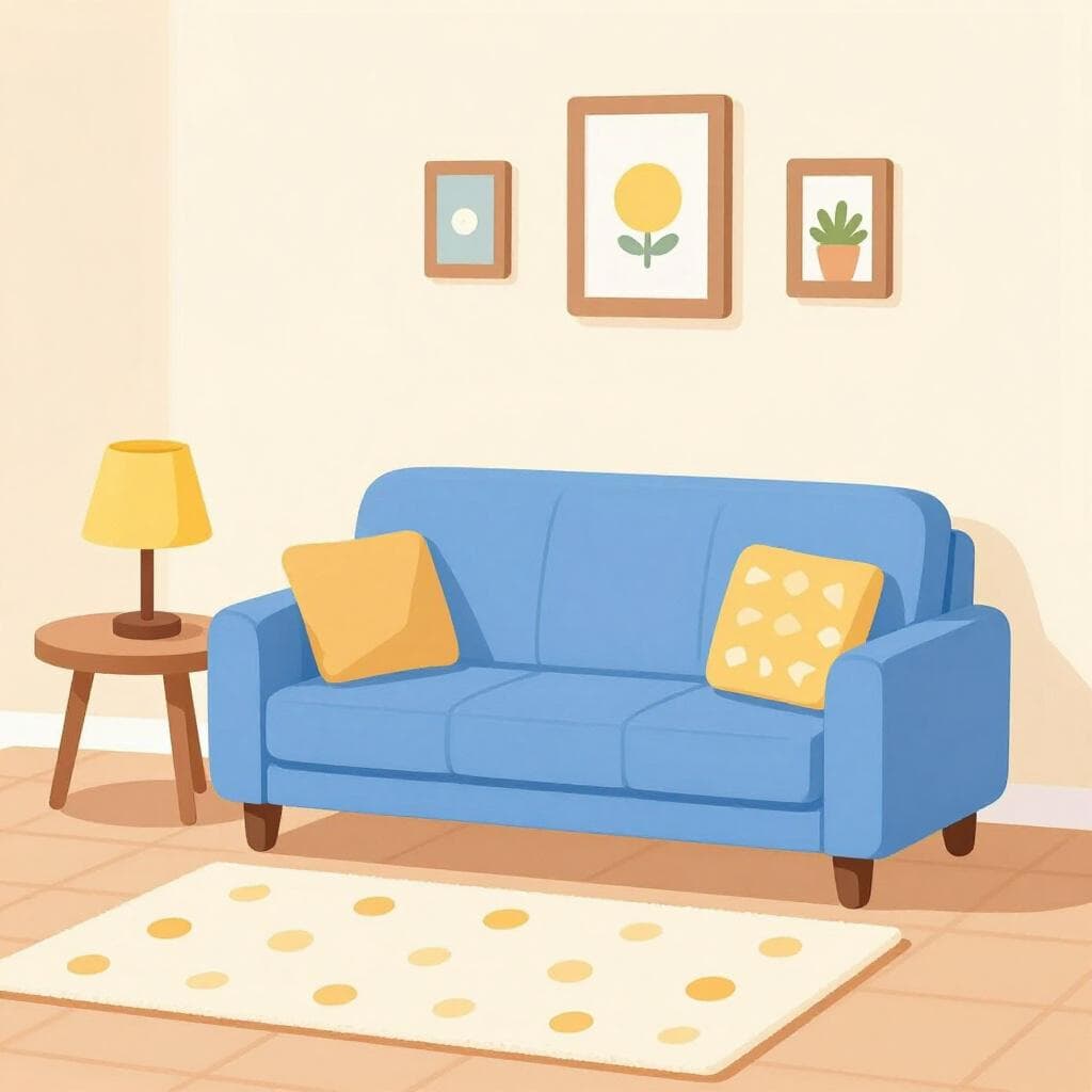 Un salon confortable avec un canapé, un petit tapis et une lampe.