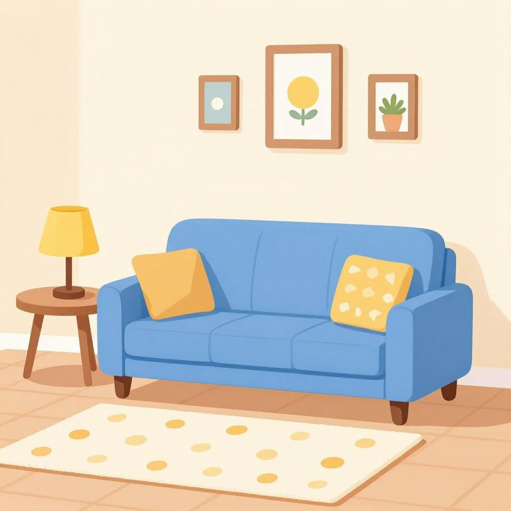 Un salon confortable avec un canapé, un petit tapis et une lampe.