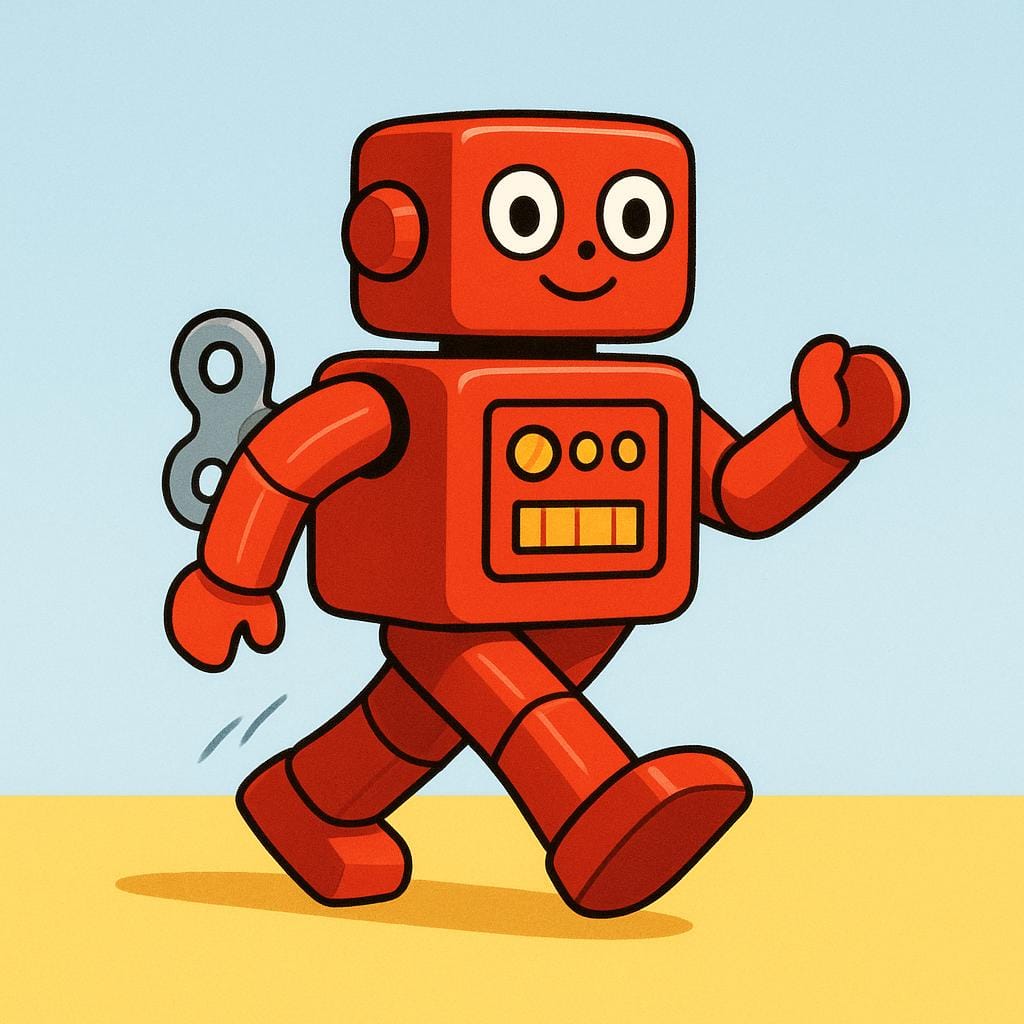 A bright red wind-up toy robot is actively walking on a sunny yellow surface, illustrating that the machine is functioning correctly.