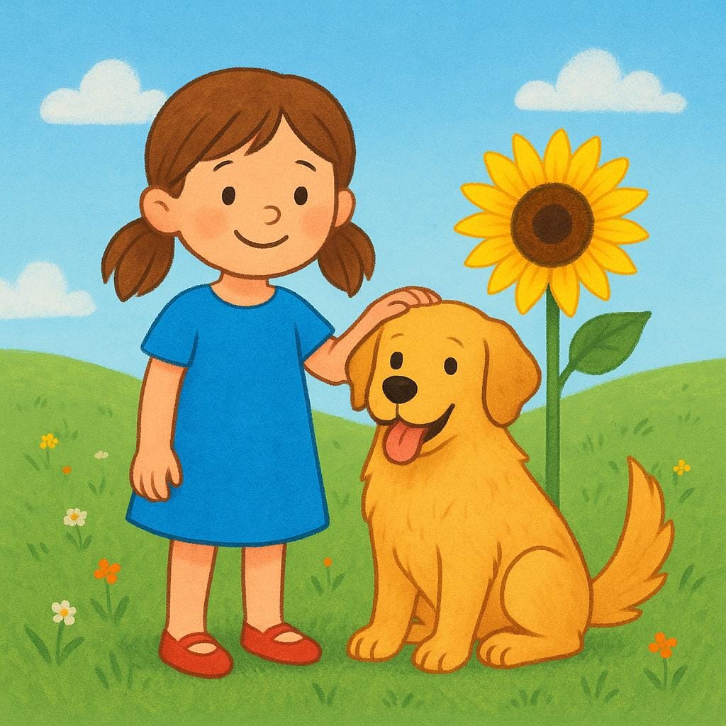 A simple illustration showing three distinct, thriving entities: a smiling girl, a happy dog, and a brightly blooming sunflower, symbolizing multiple lives.