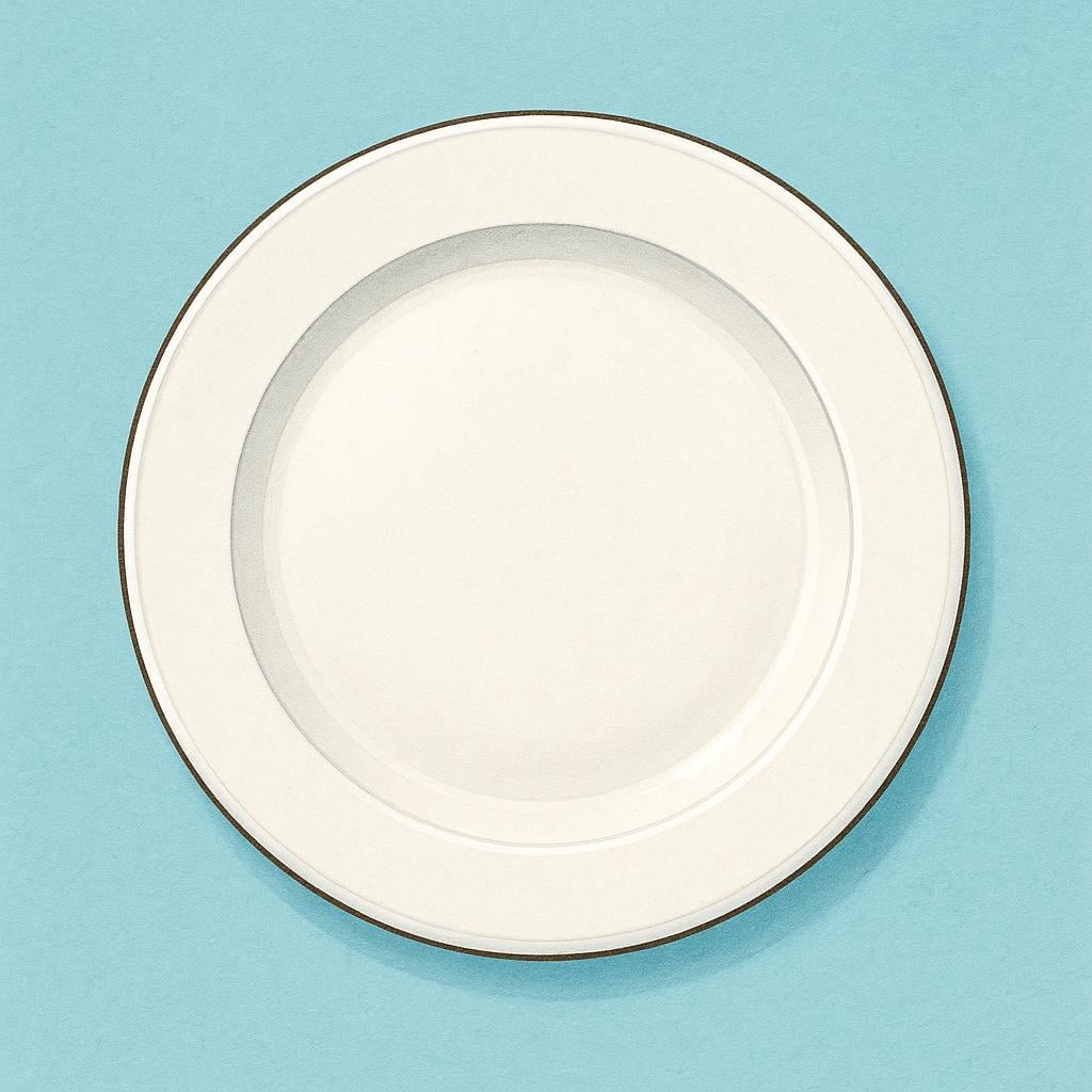 A single, empty, white ceramic dinner plate resting on a surface.
