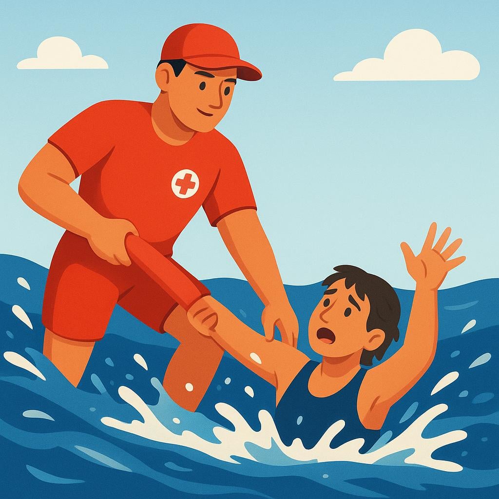 A strong character in a red uniform pulls a distressed swimmer to safety from choppy blue water, illustrating rescue from danger.