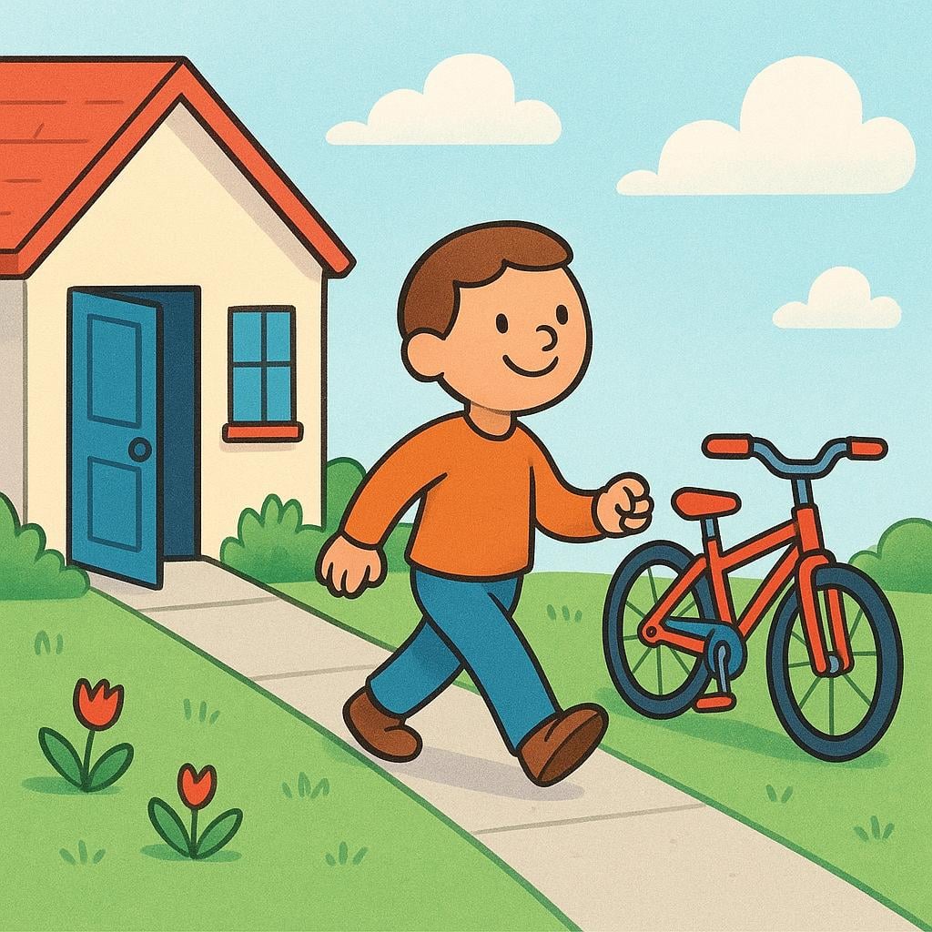 A person smiling while taking a very short, straight sidewalk directly from a house door to a waiting bicycle, illustrating convenience.