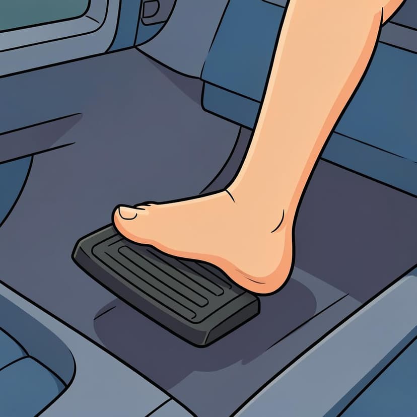 Il piede di una persona con una scarpa da ginnastica che preme con forza sul pedale del freno di un'auto.