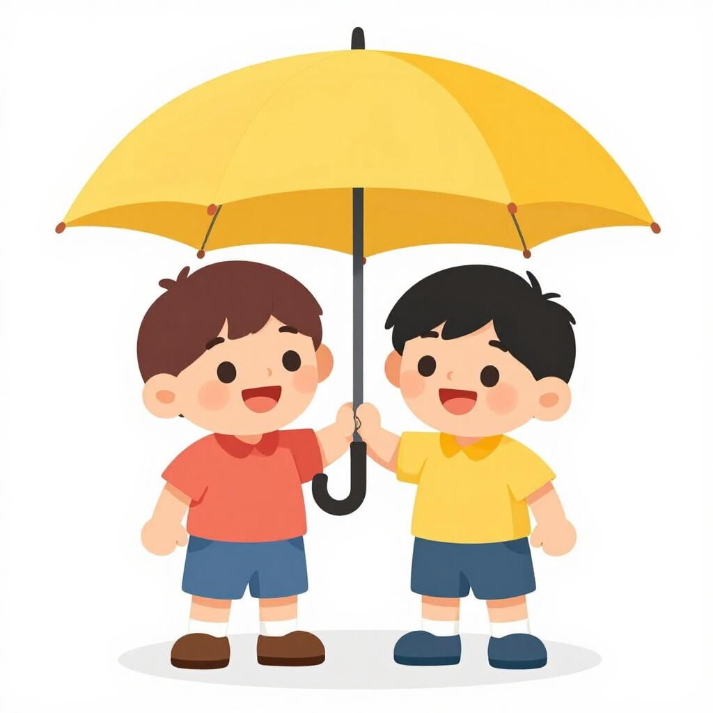 Deux enfants souriant et partageant un grand parapluie sous la pluie.