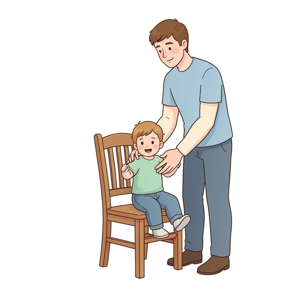 A father gently helping his young child sit down on a small wooden chair.