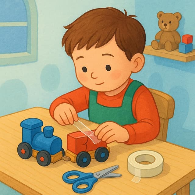 Een klein kind dat met tape zorgvuldig een kapotte houten speelgoedtrein op een kleurrijk tapijt repareert.