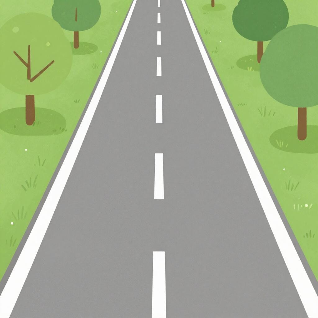 A clean, winding asphalt road stretching through a green landscape.