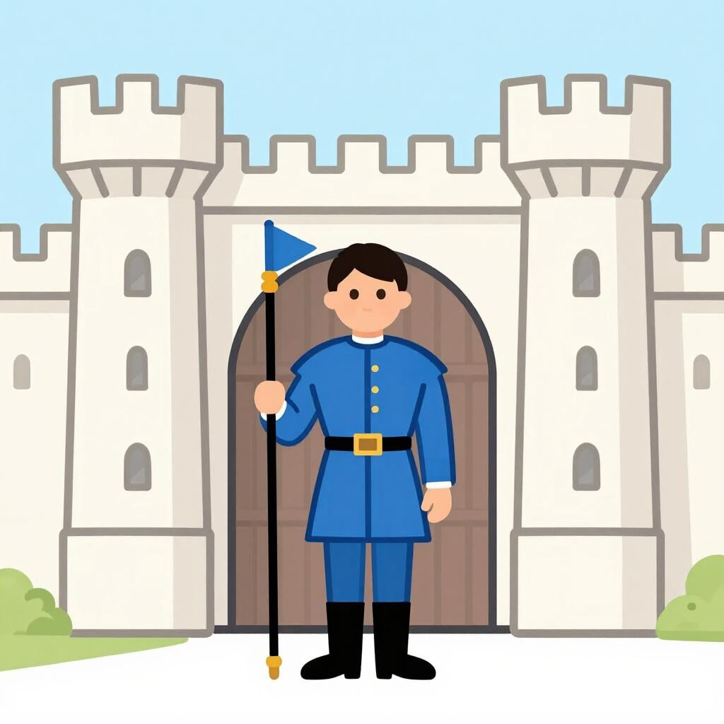 A formally dressed diplomat carrying a staff topped with a small flag, standing before a stylized castle gate, representing an envoy.