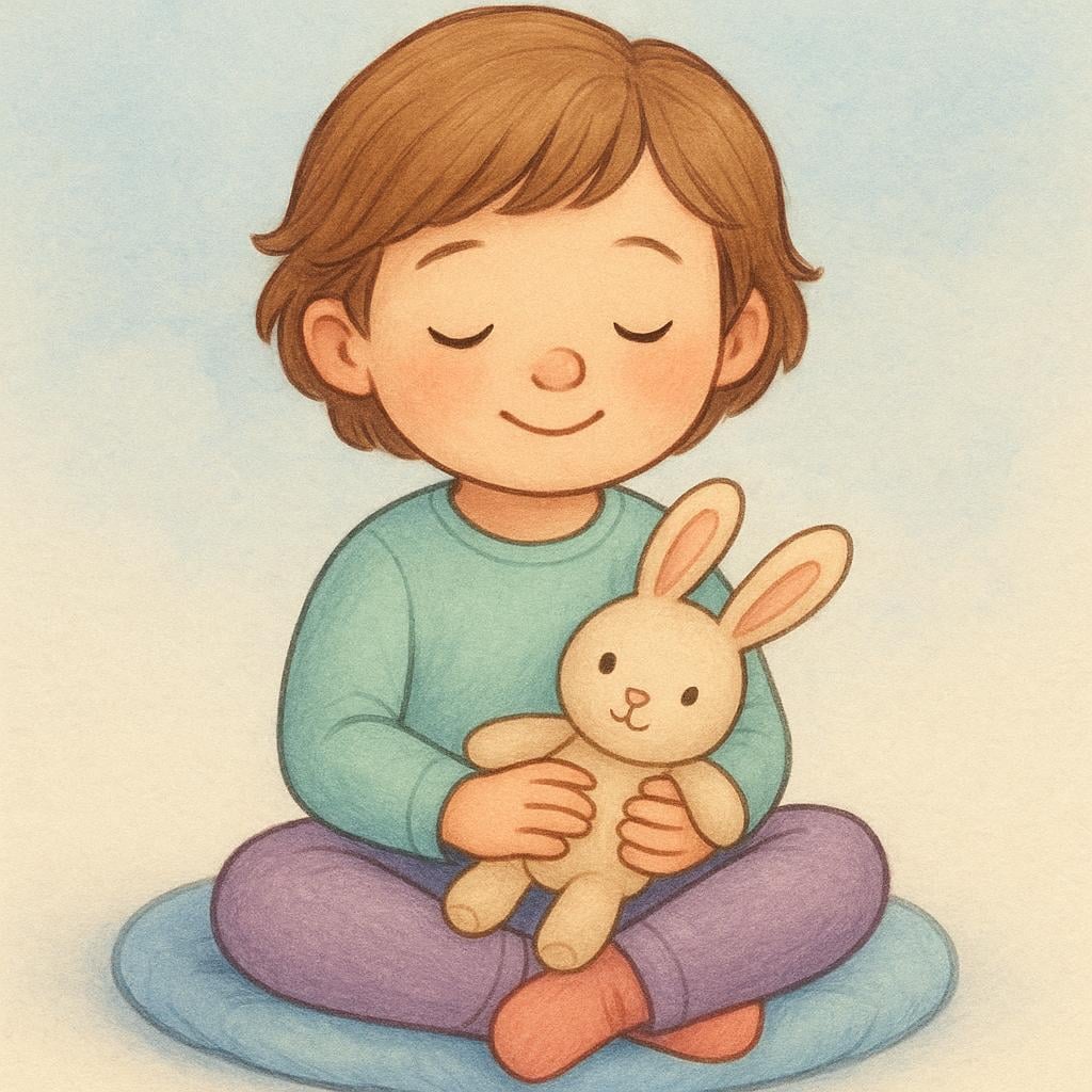 A drawing of a young child sitting cross-legged, holding a plush toy, with a soft, peaceful, and content expression on their face.