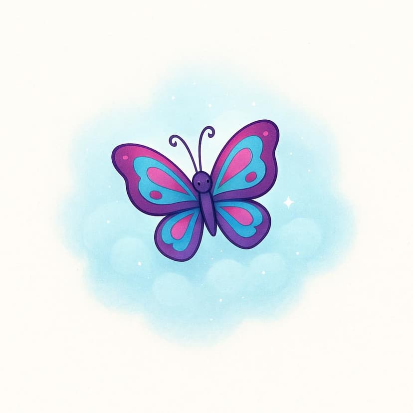 A colorful butterfly materializing out of a light blue cloud of mist, illustrating the action of appearing.