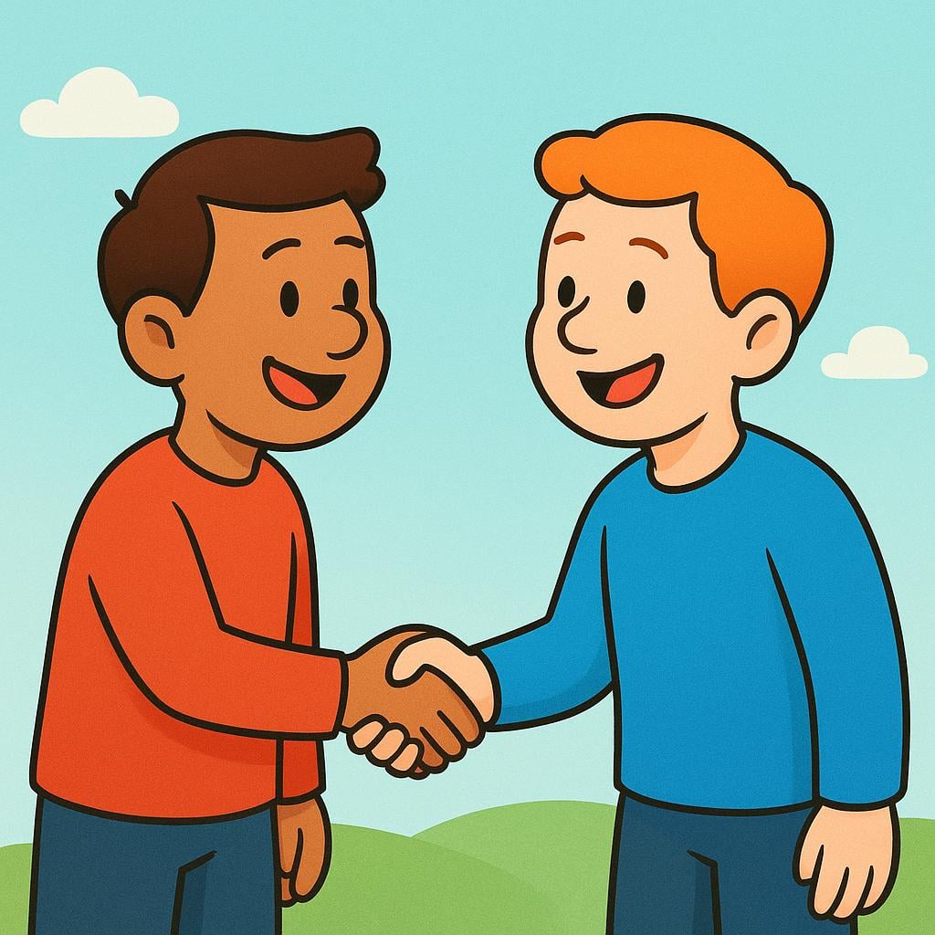 Two friendly figures shaking hands and smiling warmly, symbolizing a first introduction.