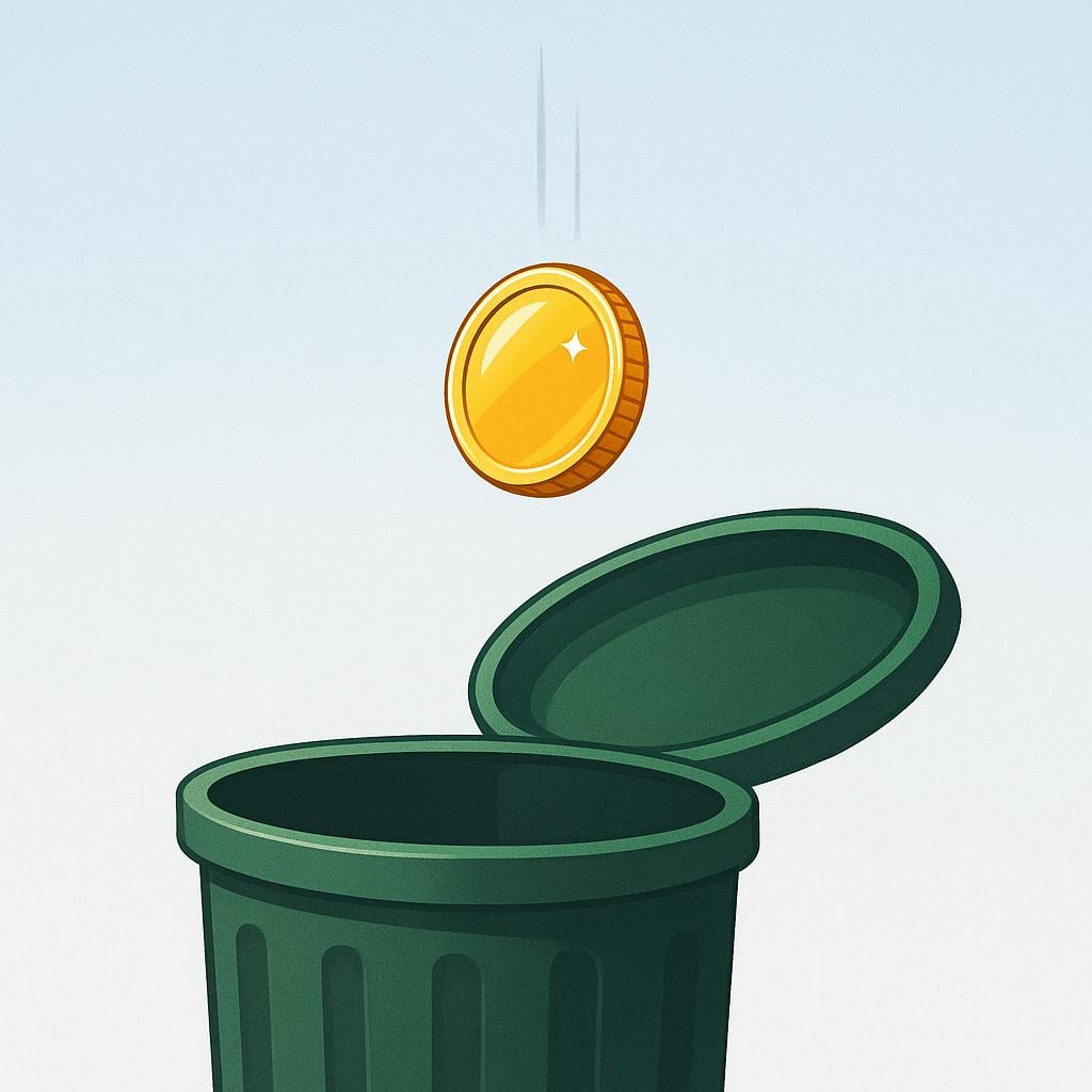 A single shiny golden coin dropping into a deep, dark green trash bin, symbolizing a wasted opportunity.
