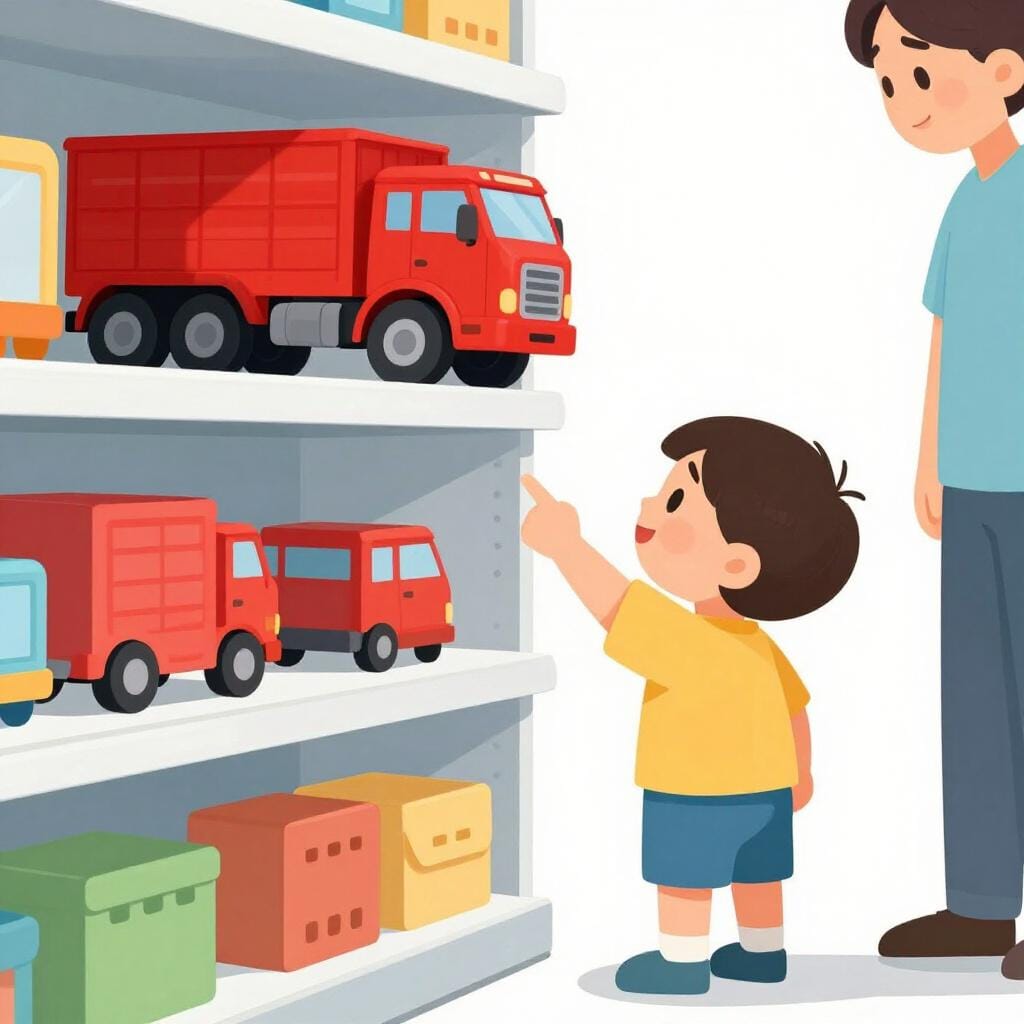 Ein kleines Kind zeigt wiederholt auf ein Spielzeug in einem Regal, während es seine Eltern ansieht.