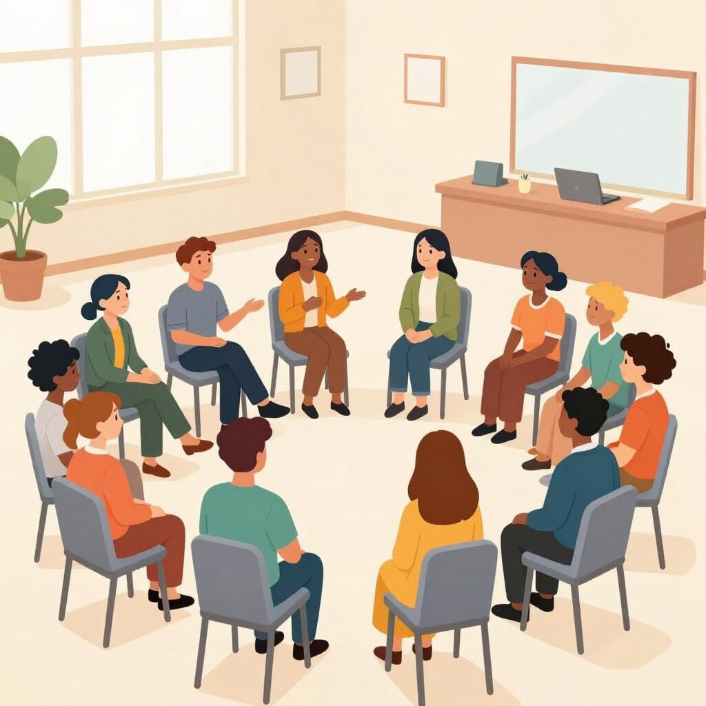 Um grupo de pessoas sentadas em círculo em cadeiras coloridas numa sala clara e aberta, envolvidas numa discussão amigável.