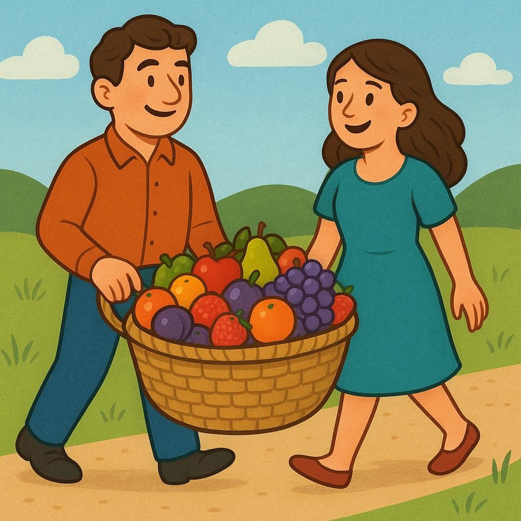 Two stylized storybook figures, a man and a woman, jointly carrying a large woven basket overflowing with colorful fruit, walking along a simple path.