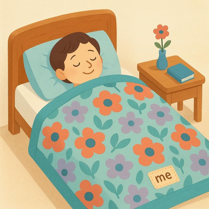 A storybook illustration showing a child sleeping soundly in a bed under a blanket in a simple bedroom.