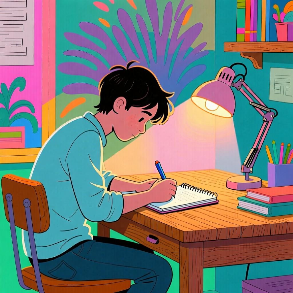 A person working diligently at a desk late at night, illuminated by a single lamp, illustrating that the action of working is still ongoing.