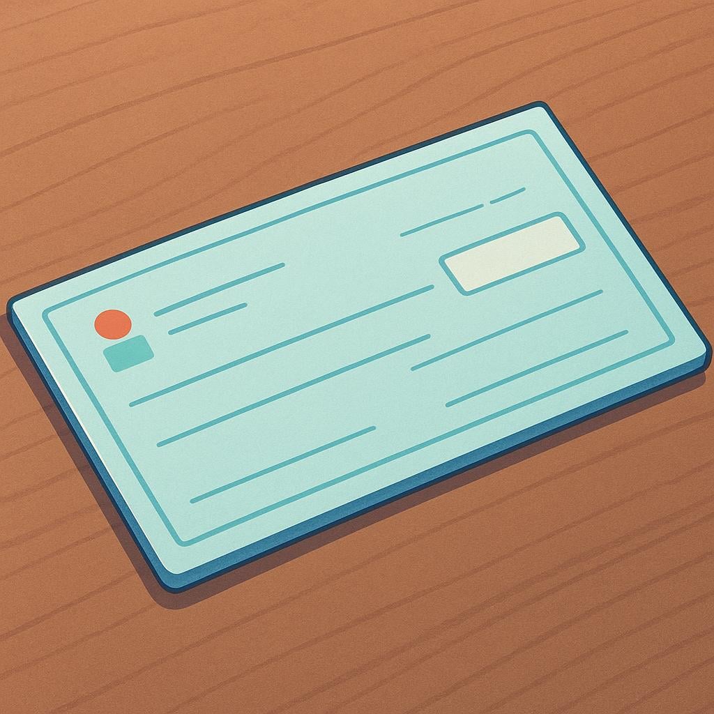 A simple illustration of a rectangular bank check with blank lines for signatures and amounts, placed on a wooden surface.