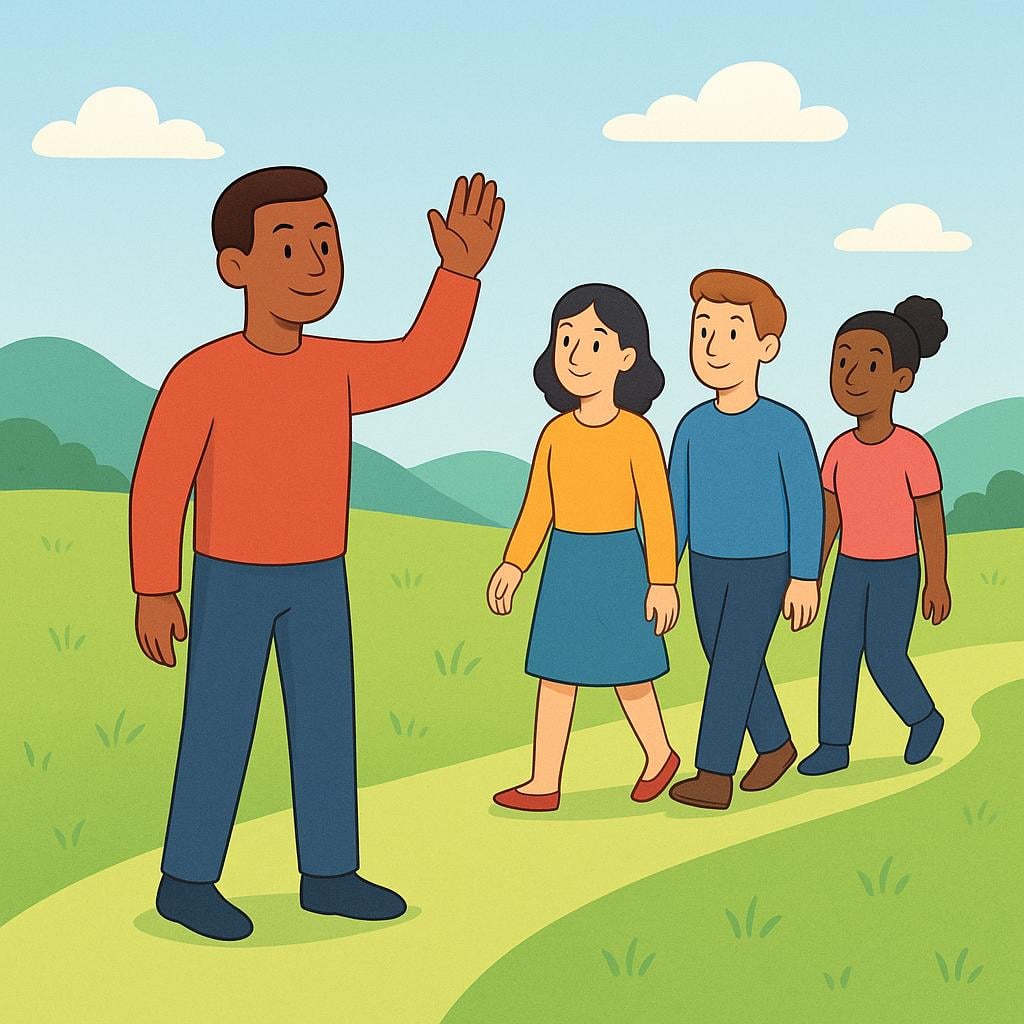 A person standing confidently at the head of a small group of three people, pointing forward on a simple dirt path. They are clearly leading the way.