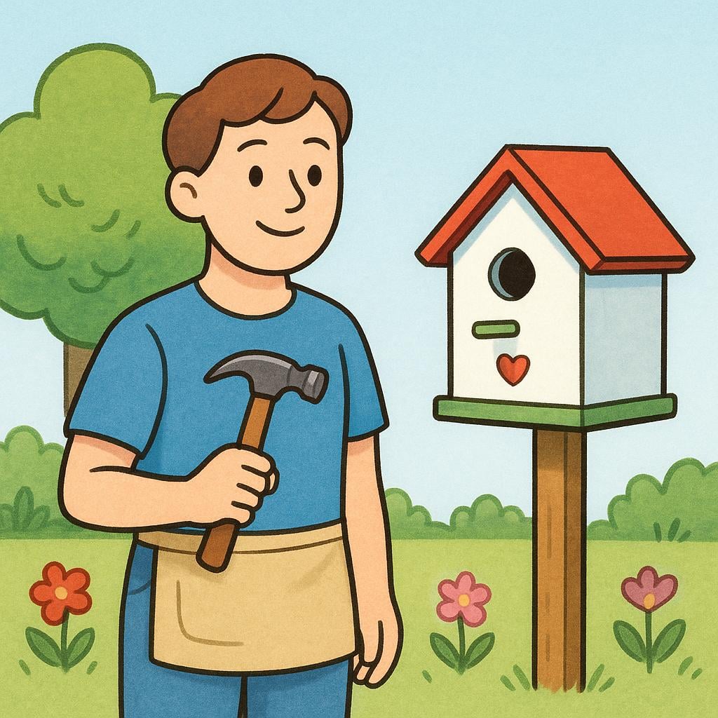 A person stands satisfied next to a newly completed project, holding a tool that signifies they have finished the task.