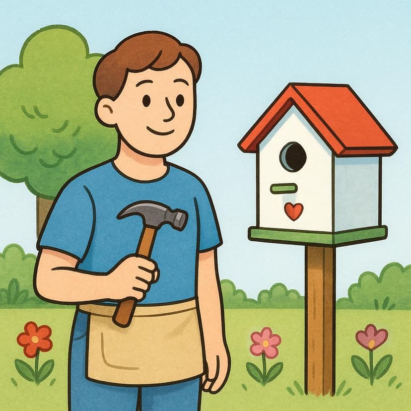 A person stands satisfied next to a newly completed project, holding a tool that signifies they have finished the task.