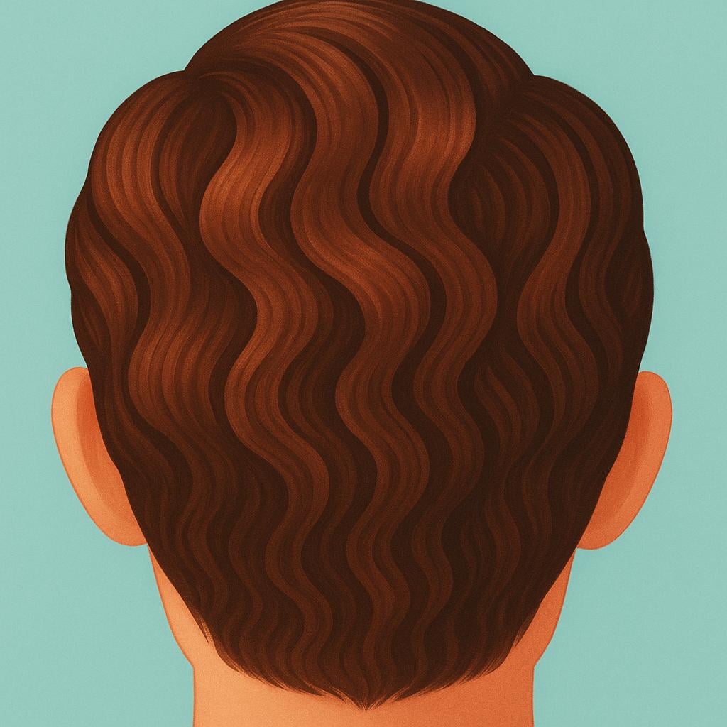 A close-up of a person's head showing luxurious, neatly styled brown hair featuring soft, uniform waves.