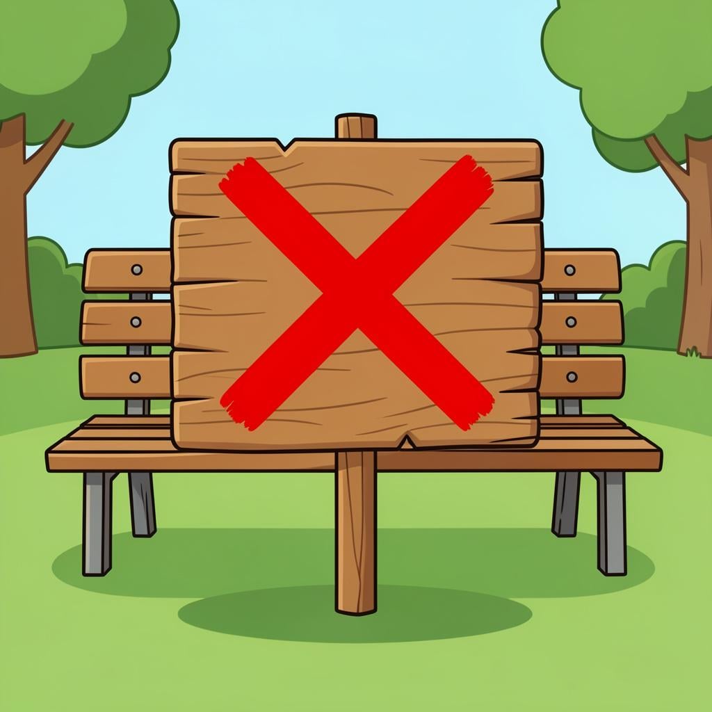 A wooden sign on a stand in front of an empty park bench, with a large red cross mark painted over the sign's surface.