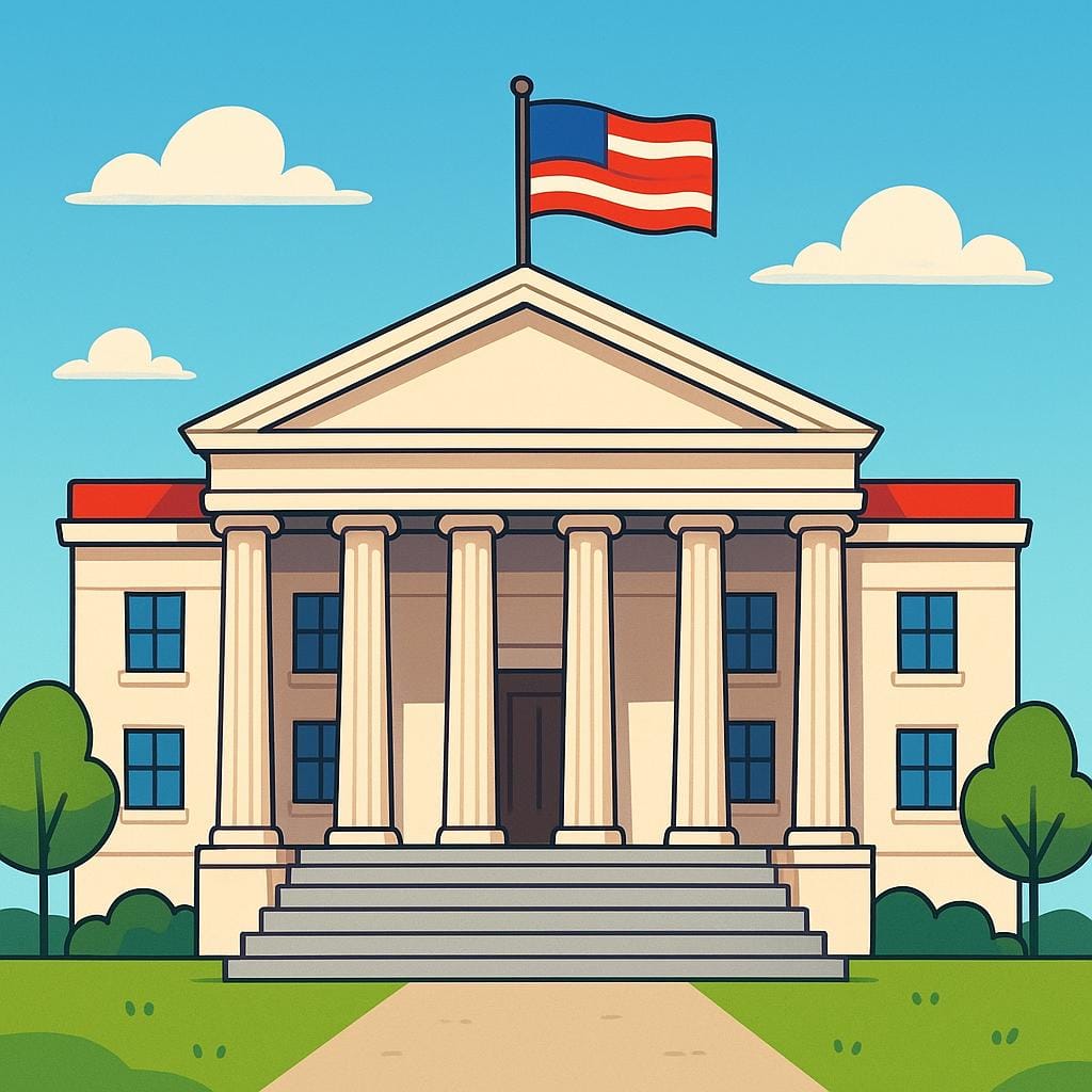 A large, imposing, official government building with pillars and a national flag flying above the entrance.