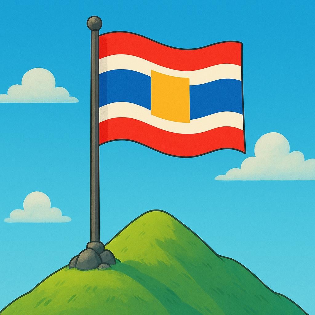 A brightly colored national flag waving strongly on a flagpole atop a high, green mountain peak, representing national sovereignty.