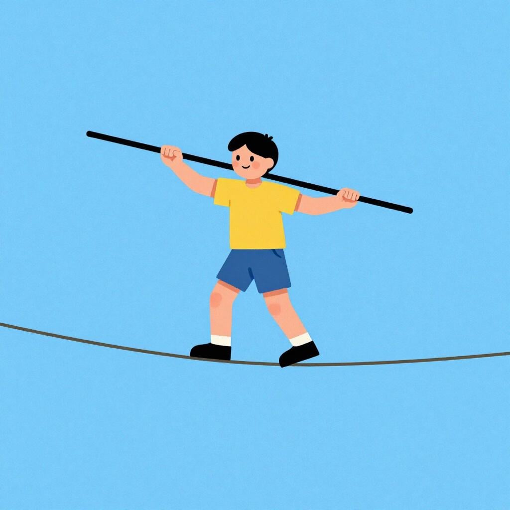 A person standing on one leg on a thin rope, holding a long pole to stay steady.
