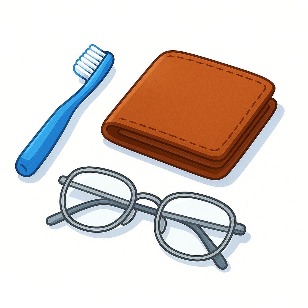 A small, organized collection of personal travel items including a toothbrush, a wallet, and a pair of reading glasses, laid out on a cloth.