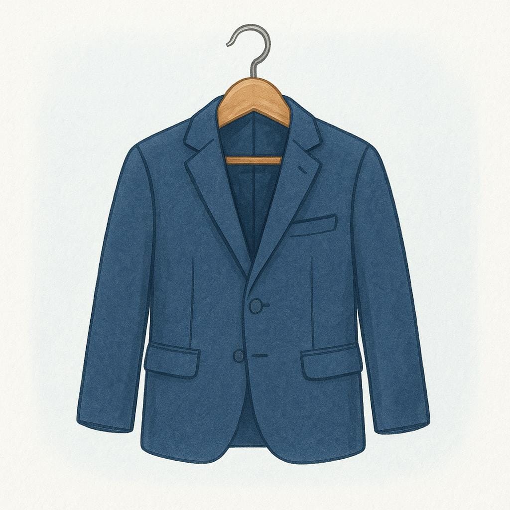 A simple illustration of a neatly tailored navy blue blazer jacket with buttons hanging on a coat hanger.